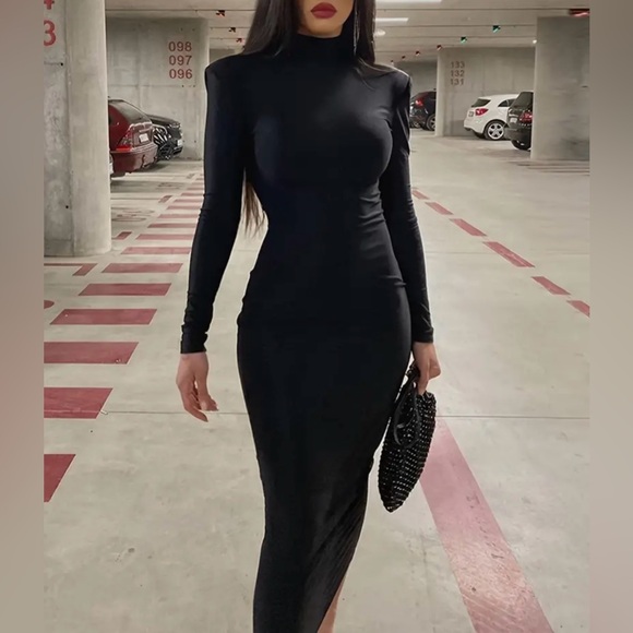 Black Long Sleeve Bodycon Midi Dress - Picture 2 of 9